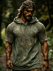 Men's Retro Viking-Themed Printed Casual Short-Sleeve Hoodie