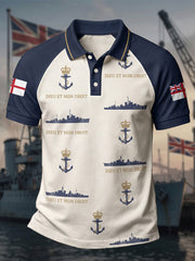 Men's Retro Royal Navy Veteran Print Casual Polo