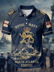 Men's Retro Royal Navy Veteran Print Casual Polo
