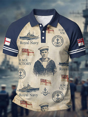 Men's Retro Royal Navy Veteran Print Casual Polo