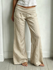 Women's Folded Waist Low Rise Wide Leg Linen Pants