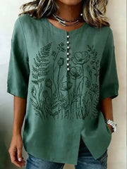 Women's Retro Floral Art Printed Linen Tops