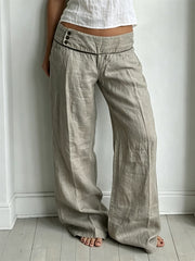 Women's Side Buttons Classy Low Rise Wide Leg Linen Pants