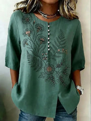Women's Retro Floral Art Printed Linen Tops