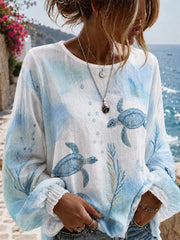 Women's Sea Turtle Floral Print Cotton-Linen Shirt