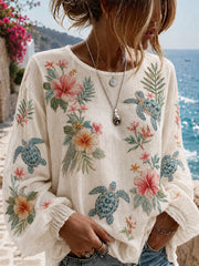 Women's Sea Turtle Floral Print Cotton-Linen Shirt