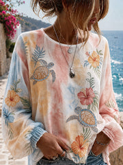 Women's Sea Turtle Floral Print Cotton-Linen Shirt