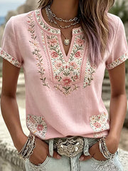 Women's Vintage Floral Art Print Casual Cotton-Linen Top