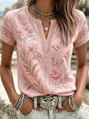 Women's Vintage Floral Art Print Casual Cotton-Linen Top