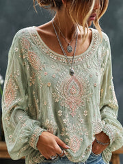 Women's Vintage Floral Art Print Casual Cotton-Linen Top