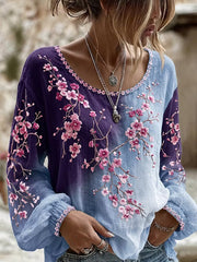 Women's Vintage Floral Art Print Casual Cotton-Linen Top