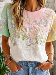 Women's Vintage Floral Art Print Casual Cotton-Linen Top