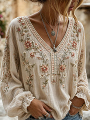 Women's Vintage Floral Art Print Casual Cotton-Linen Top