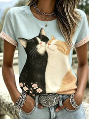 Women's Cute Cat Art Pattern Casual Short Sleeve T-shirt