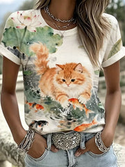 Women's Cute Cat Art Pattern Casual Short Sleeve T-shirt