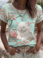 Women's Cat Floral Art Pattern Crew Neck Short Sleeve Linen Top