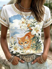 Women's Cat Floral Art Pattern Crew Neck Short Sleeve Linen Top