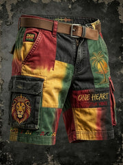 Retro Reggae-Inspired Geometric Patchwork Casual Work Shorts