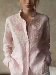 Women's  floral embroidery pattern printed casual  Cotton-Linen Shirt