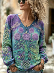 Women's retro Scottish Thistle flower and dragonfly pattern printed cotton and linen shirt