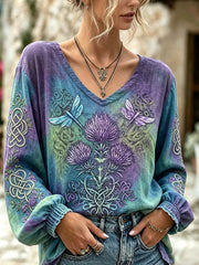 Women's retro Scottish Thistle flower and dragonfly pattern printed cotton and linen shirt