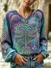 Women's retro Scottish Thistle flower and dragonfly pattern printed cotton and linen shirt