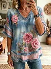 Women's Vintage Pink Roses Floral Print Fringe Trim Cotton-Linen Shirt