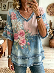 Women's Vintage Pink Roses Floral Patchwork Print Fringe Trim Cotton-Linen Shirt