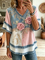 Women's Vintage Classy Pink Flowers Patchwork Print Fringe Trim Cotton-Linen Shirt
