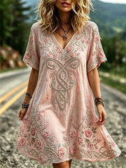 Women's Vintage Pink Floral Viking Celtic Knot Print Flowy Mini Dress