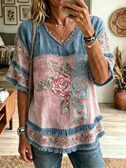Women's Vintage Pink Roses Floral Patchwork Print Fringe Trim Cotton-Linen Shirt