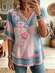 Women's Vintage Pink Roses Floral Patchwork Print Fringe Trim Cotton-Linen Shirt