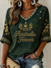 Women's Australia Football Pattern Linen V-Neck Shirt