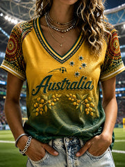 Women's Australia Football V-Neck Off-Shoulder Short-Sleeved T-Shirt