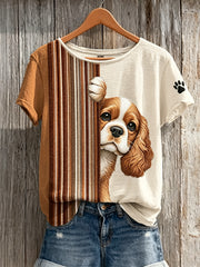 Women's Peeking King Charles Spaniel Dog & Paw Print Colorblock Print short-sleeved T-shirt