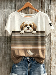 Women's Peeking Shih Tzu Dog & Paw Print Colorblock Print short-sleeved T-shirt
