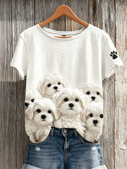 Women's Fuzzy Maltese Dogs Paw Print Print short-sleeved T-shirt