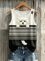 Women's Peeking Maltese Dog & Paw Print Colorblock Print Tank Top