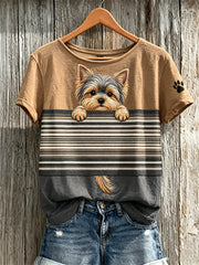 Women's Peeking Yorkshire Dog & Paw Print Colorblock Print short-sleeved T-shirt