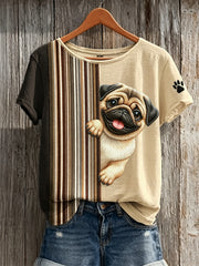 Women's Peeking Pug Dog & Paw Print Colorblock Print short-sleeved T-shirt