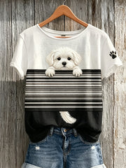 Women's Peeking Maltese Dog Colorblock Print short-sleeved T-shirt