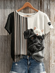 Women's Sleeping Cat & Dog Paw Print Colorblock Print short-sleeved T-shirt