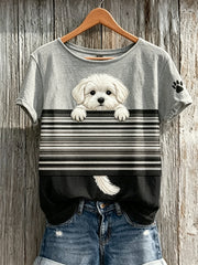 Women's Peeking Maltese Dog Colorblock Print short-sleeved T-shirt