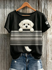 Women's Peeking Maltese Dog Colorblock Print short-sleeved T-shirt