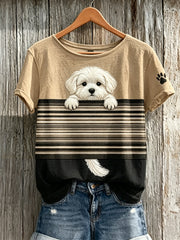 Women's Peeking Maltese Dog Colorblock Print short-sleeved T-shirt