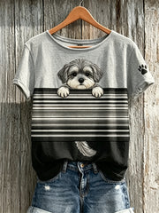 Women's Peeking Schnauzer Dog & Paw Print Colorblock Print short-sleeved T-shirt