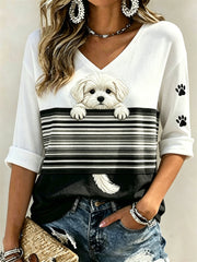 Women's Peeking Maltese Dog & Paw Prints Colorblock Print Mid-length Sleeves V-Neck T-Shirt