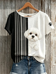 Women's Peeking Maltese Dog & Paw Print Colorblock Print short-sleeved T-shirt