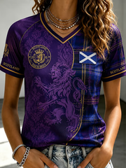 Women's Scotland Printed V-neck off-shoulder short-sleeved T-shirt