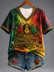 Vintage Reggae-Themed Casual V-Neck T-Shirt